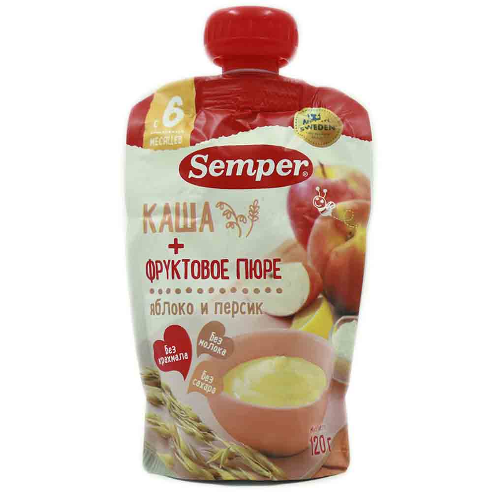 ПЮРЕ SEMPER ФРУКТ СО ЗЛАК ЯБЛ/ПЕРСИК С КАШЕЙ 120ГР ПАУЧ