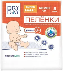 ПЕЛЕНКИ ДЕТСКИЕ 0+ ГИГИЕНИЧЕСКИЕ ОДНОРАЗОВЫЕ DRY DAY SUPER 60Х60 5ШТ